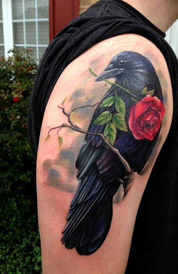 Diseño artístico cuervo y rosa